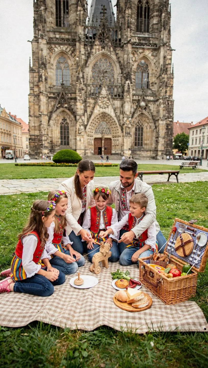 A vibrant market scene in Bardejov, featuring local artisans selling handmade crafts and traditional Slovak foods.